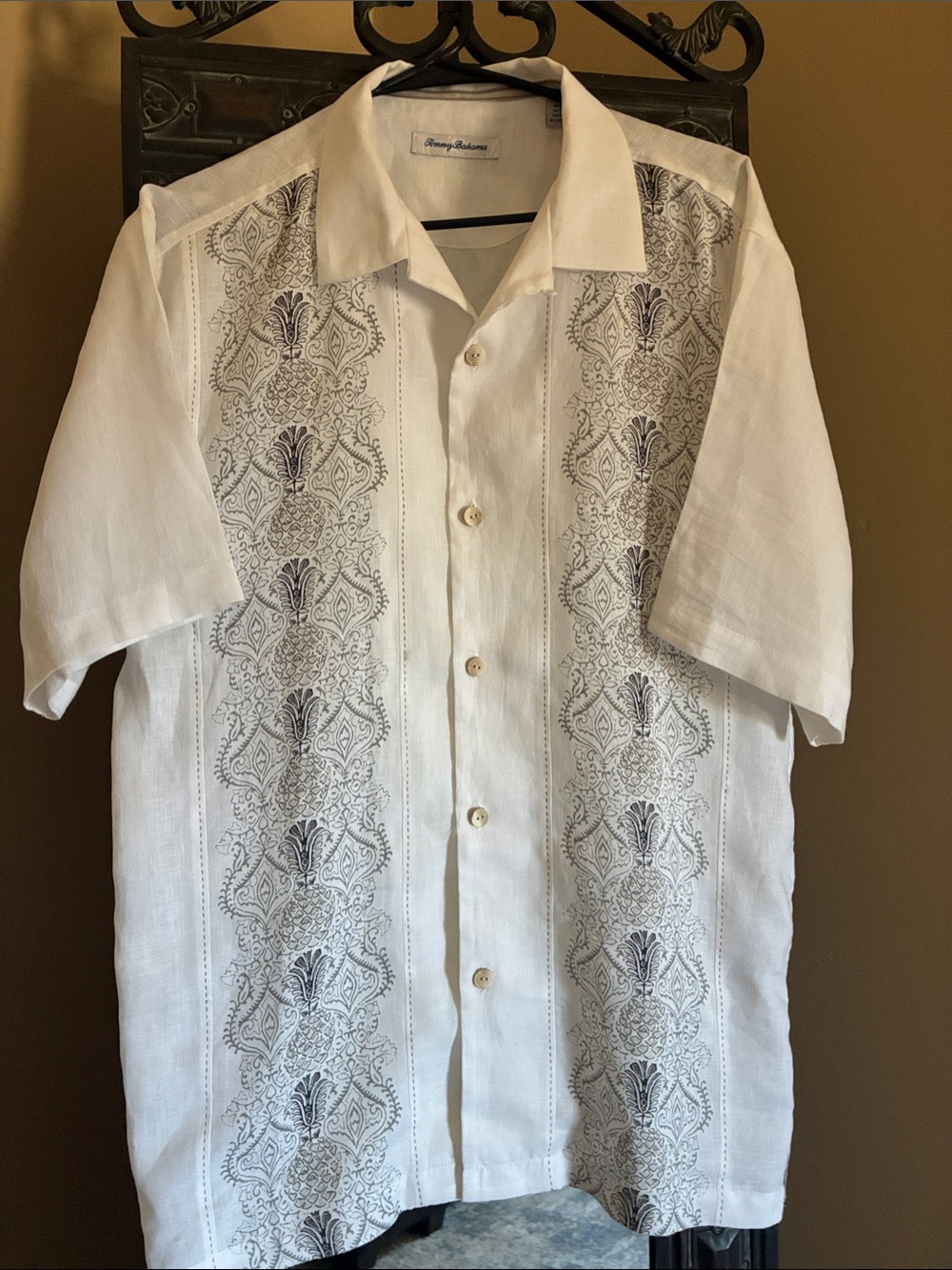 Tommy Bahama White Short-Sleeve Embroidered Camp Shirt with Black Pattern